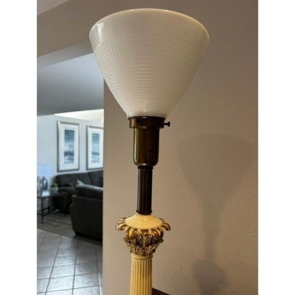 Vintage Ornate Column Table Lamp White Glass Shade Gold Accents - Picture 2 of 4
